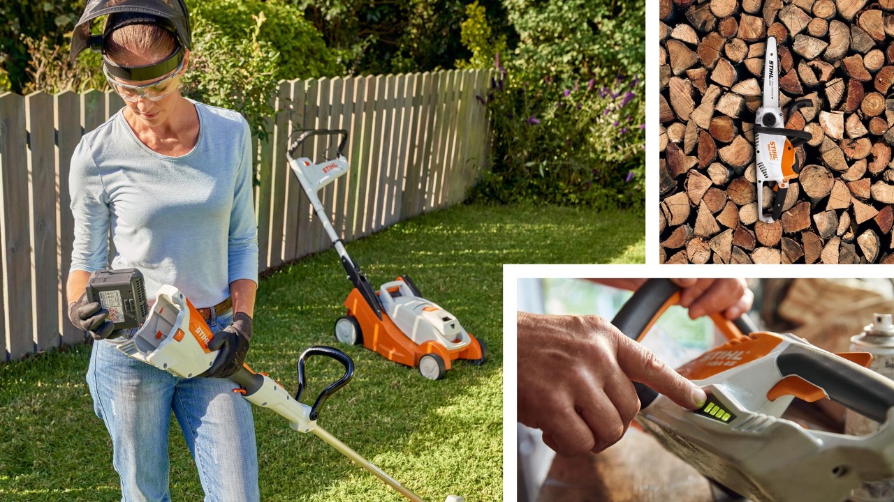 Collage di immagini: donna in giardino con diversi apparecchi a batteria STIHL