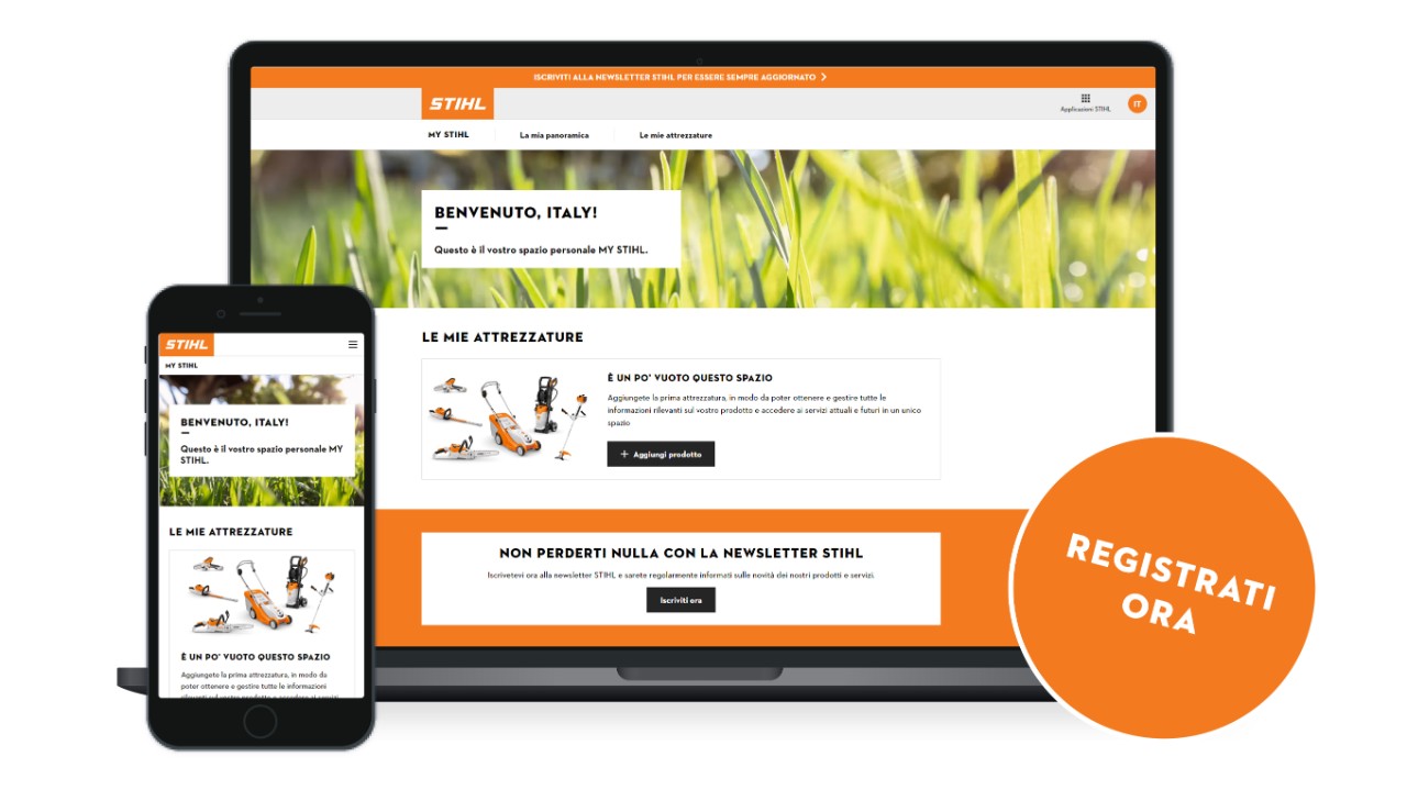 Il portale clienti MY STIHL su un laptop e uno smartphone