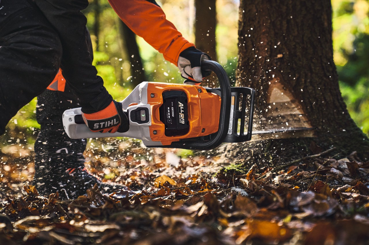 Un professionista del settore del legno abbatte gli alberi nel bosco utilizzando una motosega a batteria del modello STIHL MSA260 e una batteria ALLPRO