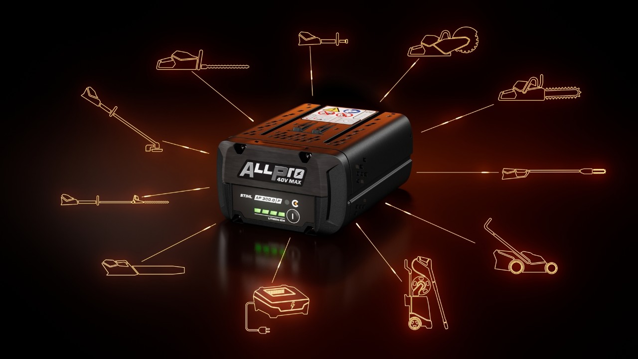Batteria STIHL ALLPRO AP 300.0 P C con vari simboli di categoria di prodotto che ne indicano la compatibilità