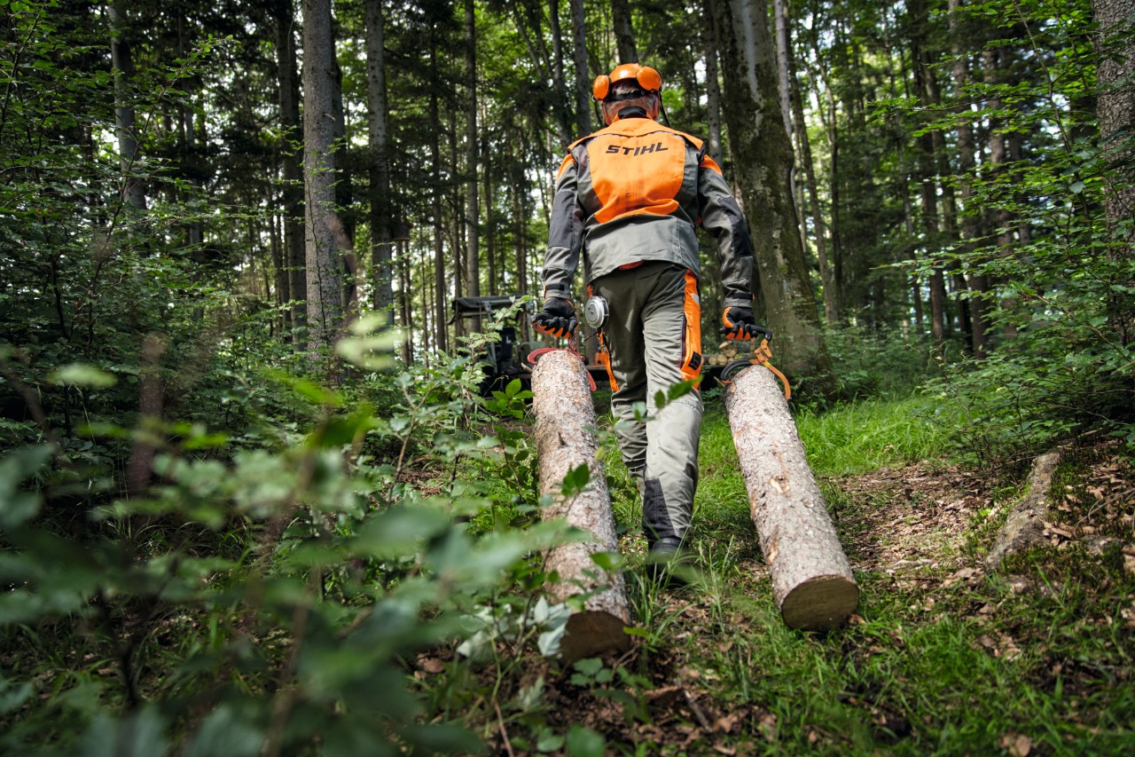 Lavoratore forestale con dispositivo di protezione STIHL durante il trasporto di legname su una strada forestale